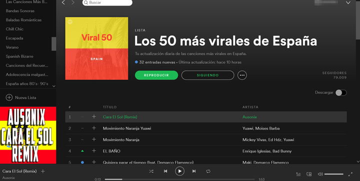 "Cara el Sol Remix" es la canción más viral de Spotify en España