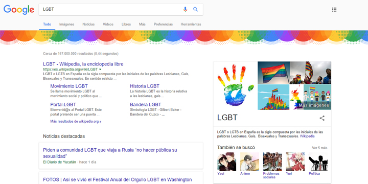 Google muestra los colores del arcoíris al buscar términos LGBT durante el Orgullo 2018